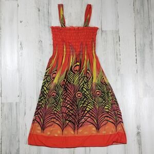 NWT Ace Fashions Smocked Orange Peacock Feather Summer Dress Women's Size Medium